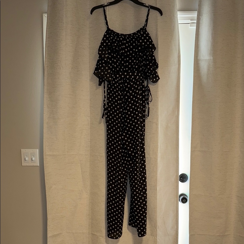 FAVLUX Black and White Polka Dot Jumpsuit with Ruffled Overlay